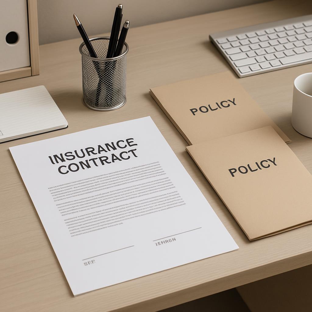 image of a desk with an insurance contract, a pen holder, and paper, an office setting Italian immagine da un tavolo con u...